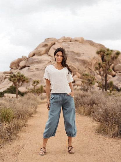 Marrakech French Linen Cropped Pants Tahiti Blue