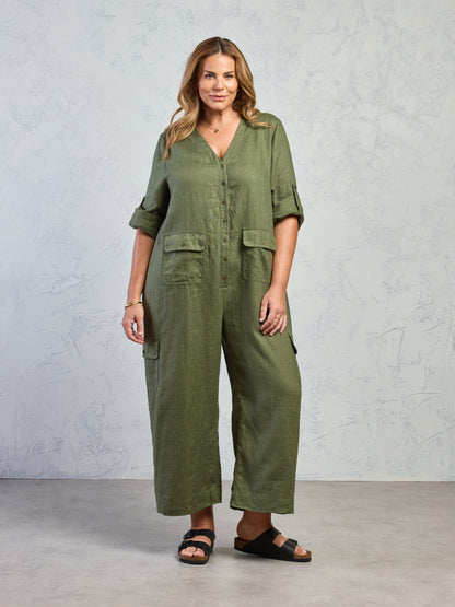 Mara French Linen Jumpsuit Olive