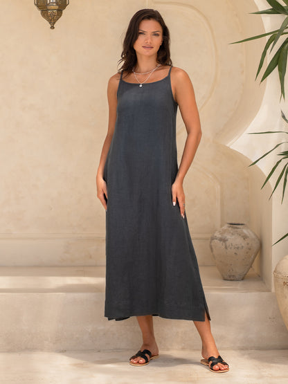 Peony French Linen Dress Charcoal