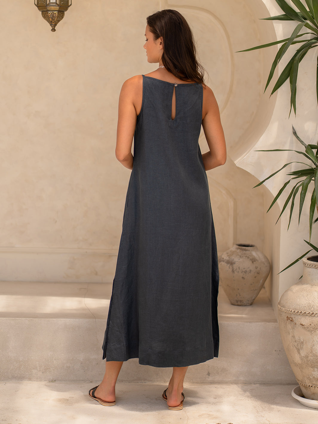 Peony French Linen Dress Charcoal