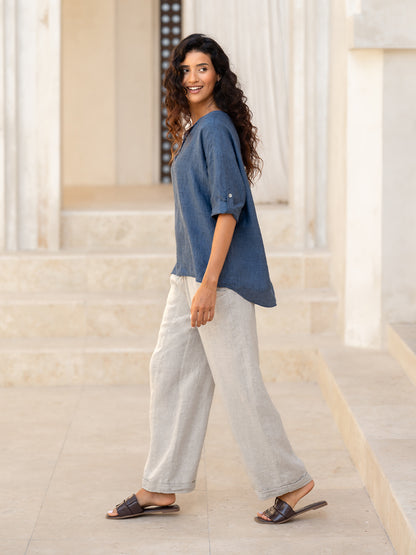 Arya French Linen Shirt Pacific Blue