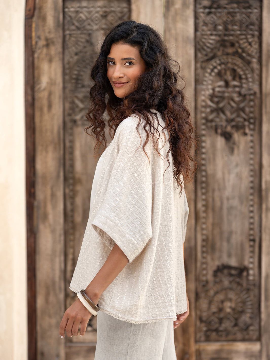 Laia Cotton Linen Kimono Oat Stripe
