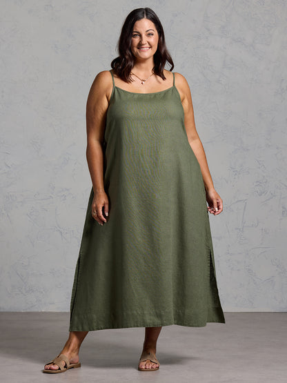 Peony French Linen Dress Olive