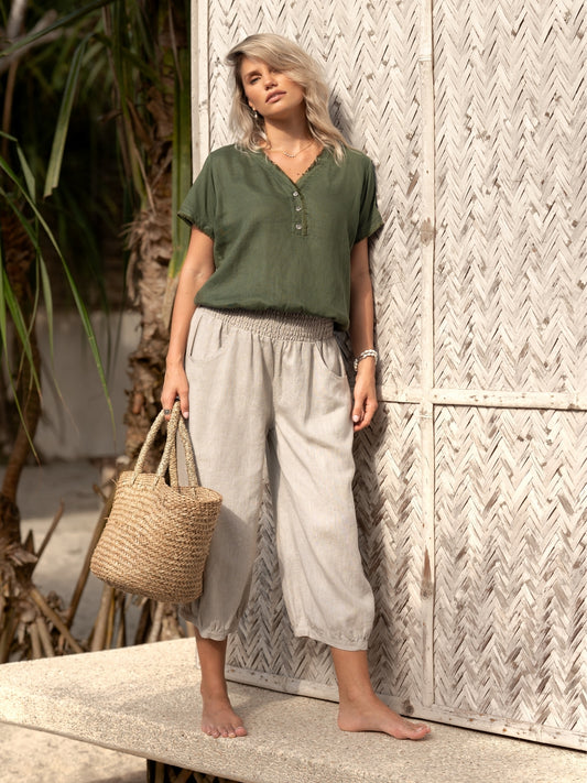 Vivre French Linen and Cotton Blouse Olive