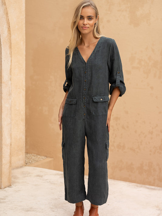 Mara French Linen Jumpsuit Charcoal
