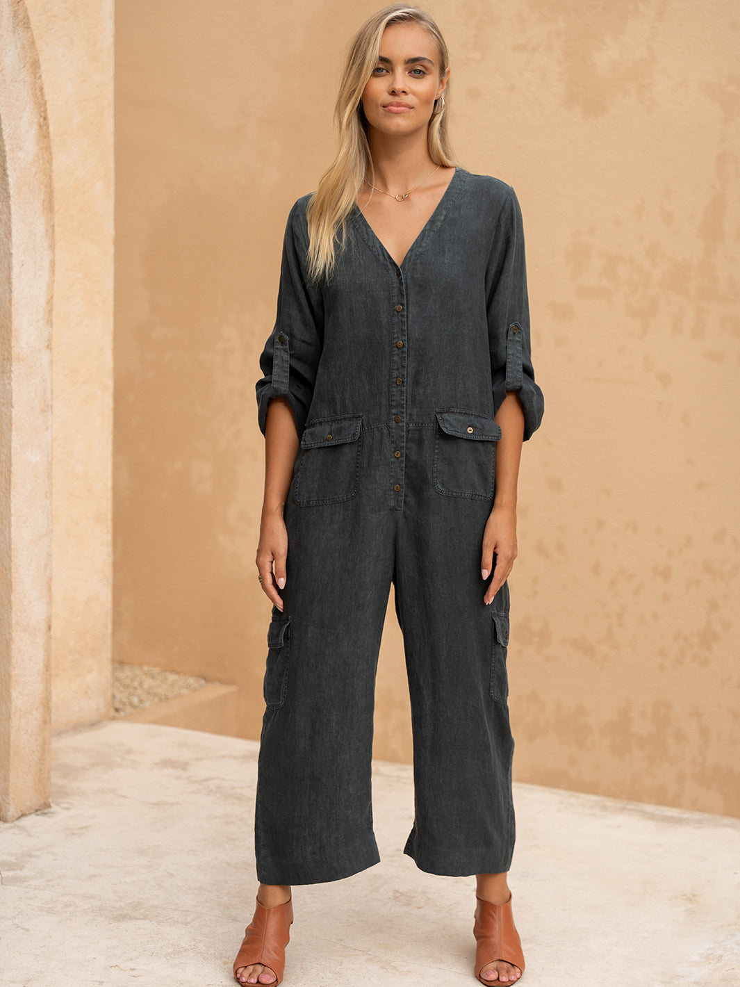 Mara French Linen Jumpsuit Charcoal