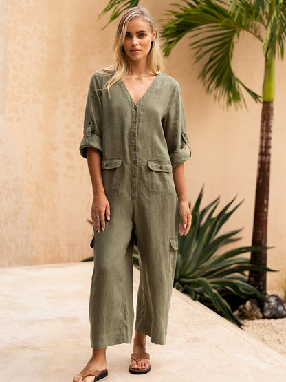 Mara French Linen Jumpsuit Olive